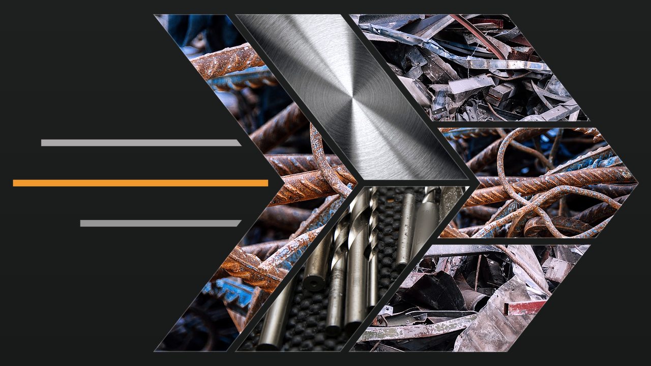Collage of Arrow Metals ferrous scrap: shred steel, rebar, high speed drills and machined steel, set in three forward-pointing chevrons
