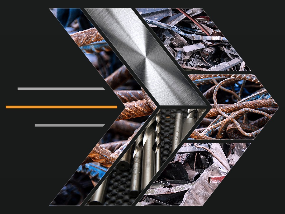 Collage of Arrow Metals ferrous scrap: shred steel, rebar, high speed drills and machined steel, set in three forward-pointing chevrons