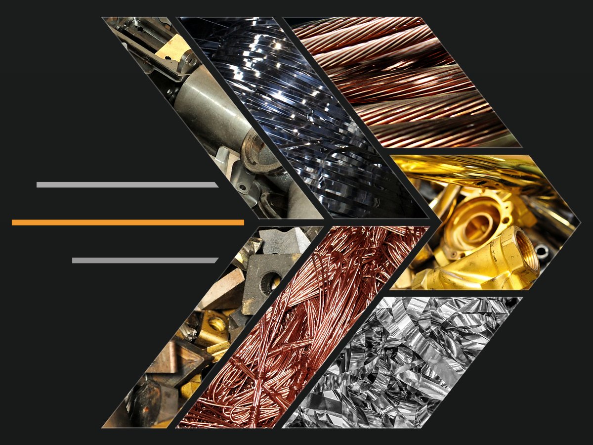 Collage of Arrow Metals nonferrous scrap: bare bright copper, yellow brass, aluminum slittings, stainless steel, titanium and carbide, set in three forward-pointing chevrons
